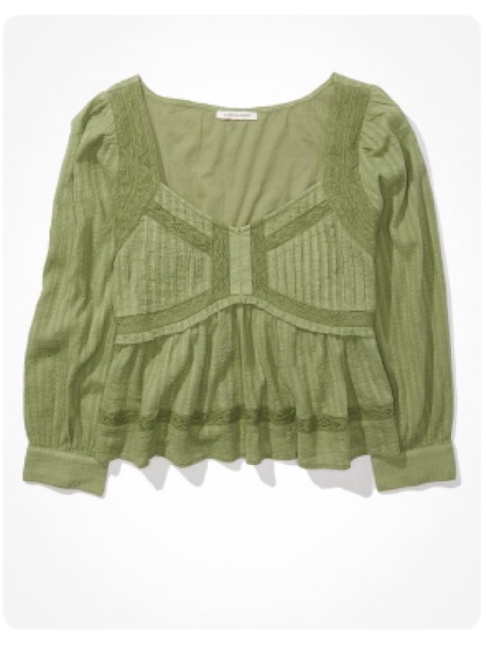 American Eagle Outfitters Green Long-Sleeve Babydoll Lace-Trim Blouse, Sz Small